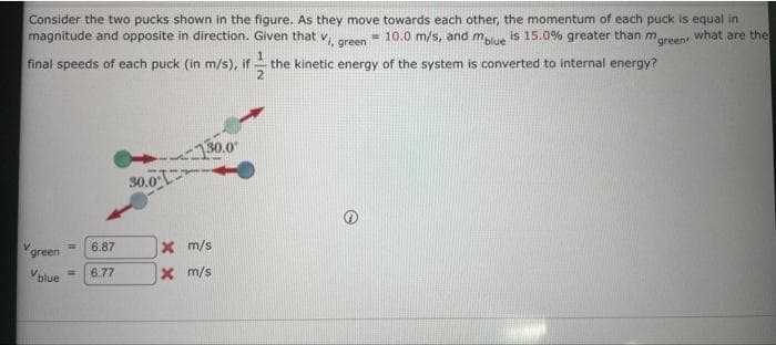 Consider the two pucks shown in the figure. As they move towards each other, the momentum of each puck is equal in
magnitude and opposite in direction. Given that Vi, green = 10.0 m/s, and mblue is 15.0% greater than mgreen' what are the
final speeds of each puck (in m/s), if the kinetic energy of the system is converted to internal energy?
V
green
6.87
Vblue= 6.77
30.0
130.0
x m/s
x m/s
e