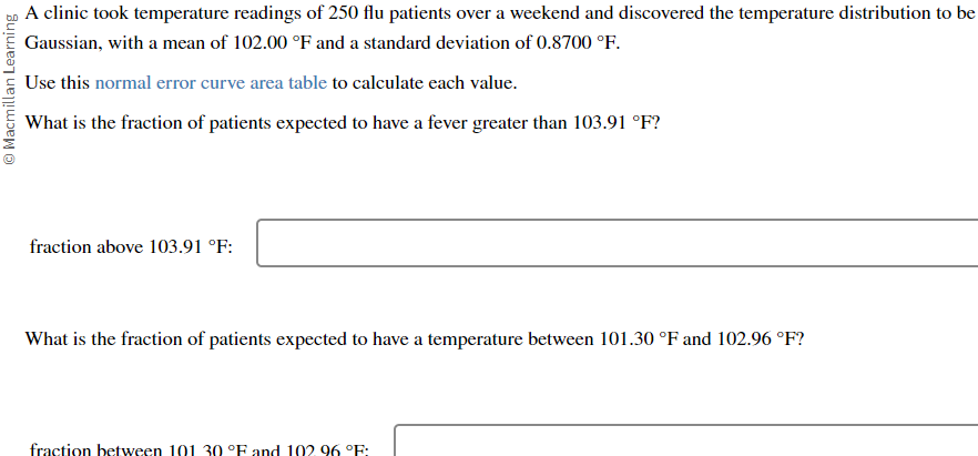 Macmillan Learning
A clinic took temperature readings of 250 flu patients over a weekend and discovered the temperature distribution to be
Gaussian, with a mean of 102.00 °F and a standard deviation of 0.8700 °F.
Use this normal error curve area table to calculate each value.
What is the fraction of patients expected to have a fever greater than 103.91 °F?
fraction above 103.91 °F:
What is the fraction of patients expected to have a temperature between 101.30 °F and 102.96 °F?
fraction between 101 30 °F and 102 96 °F: