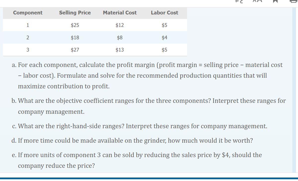 Component
1
2
3
Selling Price
$25
$18
$27
Material Cost
$12
$8
$13
Labor Cost
$5
$4
$5
2
<
a. For each component, calculate the profit margin (profit margin = selling price - material cost
- labor cost). Formulate and solve for the recommended production quantities that will
maximize contribution to profit.
b. What are the objective coefficient ranges for the three components? Interpret these ranges for
company management.
c. What are the right-hand-side ranges? Interpret these ranges for company management.
d. If more time could be made available on the grinder, how much would it be worth?
e. If more units of component 3 can be sold by reducing the sales price by $4, should the
company reduce the price?
1