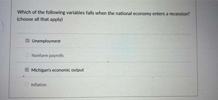 Which of the following variables falls when the national economy enters a recession?
(choose all that apply)
Unemployment
O Nonfarm payrolls
Michigan's economic output
Inflation
