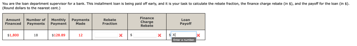 You are the loan department supervisor for a bank. This installment loan is being paid off early, and it is your task to calculate the rebate fraction, the finance charge rebate (in $), and the payoff for the loan (in $).
(Round dollars to the nearest cent.)
Finance
Amount
Financed
Monthly
Payment
Number of
Rebate
Payments
Made
Loan
Charge
Rebate
Payoff
Payments
Fraction
$1,800
18
$128.89
12
Enter a number.
