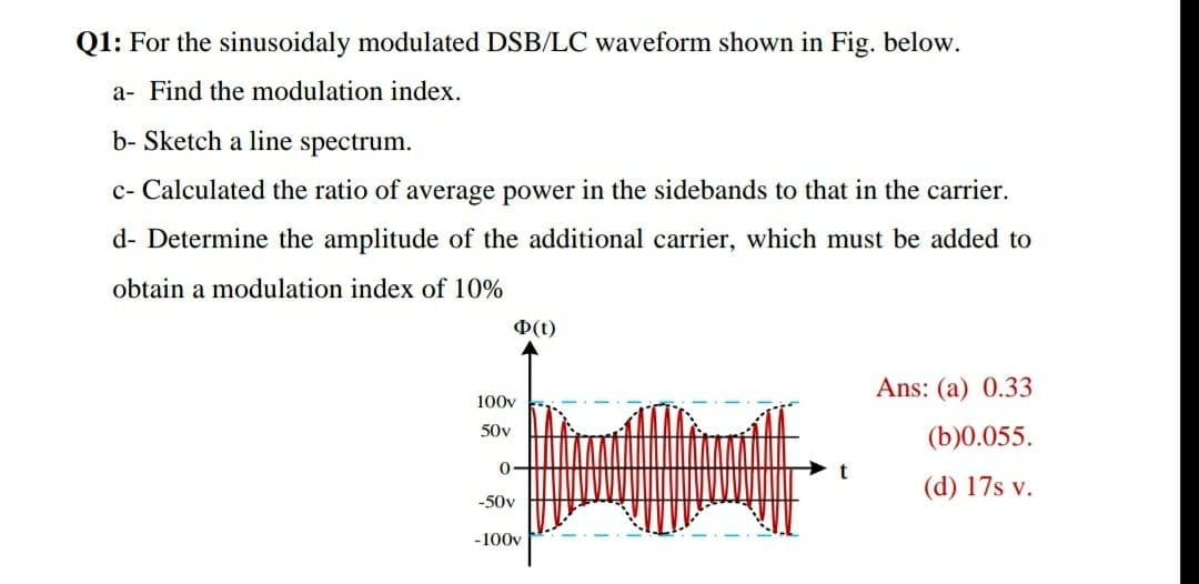Q1: For the sinusoidaly modulated DSB/LC waveform shown in Fig. below.
a- Find the modulation index.
b- Sketch a line spectrum.
c- Calculated the ratio of average power in the sidebands to that in the carrier.
d- Determine the amplitude of the additional carrier, which must be added to
obtain a modulation index of 10%
O(t)
Ans: (a) 0.33
100v
50v
(b)0.055.
0-
(d) 17s v.
-50v
-100v
