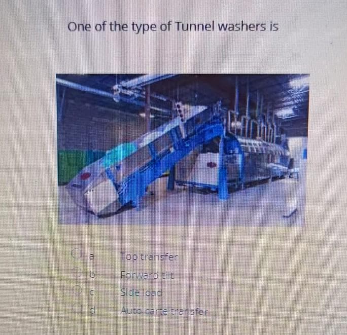 One of the type of Tunnel washers is
URE
b
GL
Top transfer
Forward tilt
Side load
Auto carte transfer