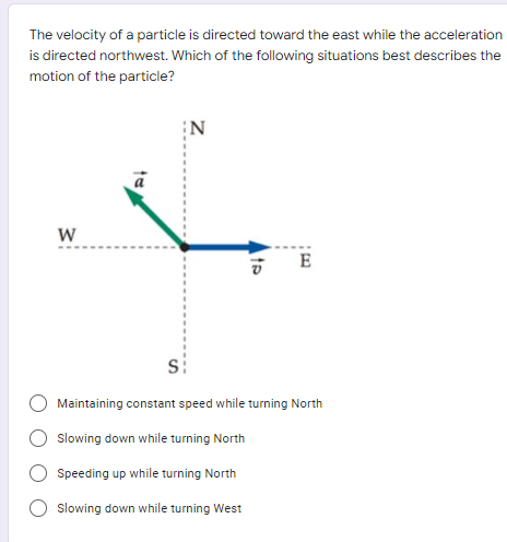 The velocity of a particle is directed toward the east while the acceleration
is directed northwest. Which of the following situations best describes the
motion of the particle?
W
E
si
Maintaining constant speed while turning North
Slowing down while turning North
Speeding up while turning North
Slowing down while turning West
te
