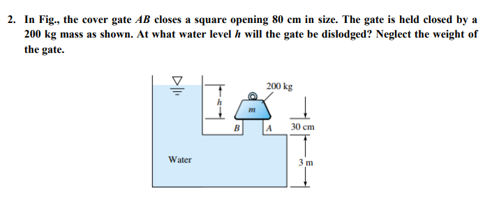 2. In Fig., the cover gate AB closes a square opening 80 cm in size. The gate is held closed by a
200 kg mass as shown. At what water level h will the gate be dislodged? Neglect the weight of
the gate.
200 kg
B
A
30 cm
Water
3 m
