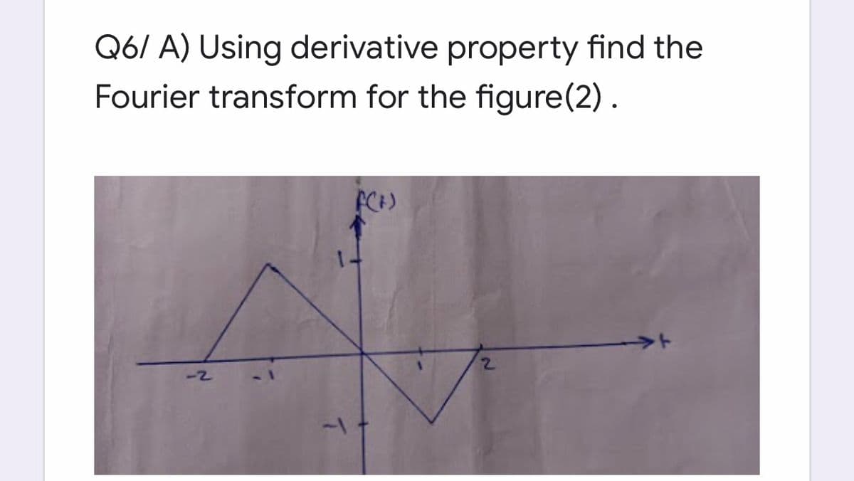 Q6/ A) Using derivative property find the
Fourier transform for the figure(2) .
2.
-2
