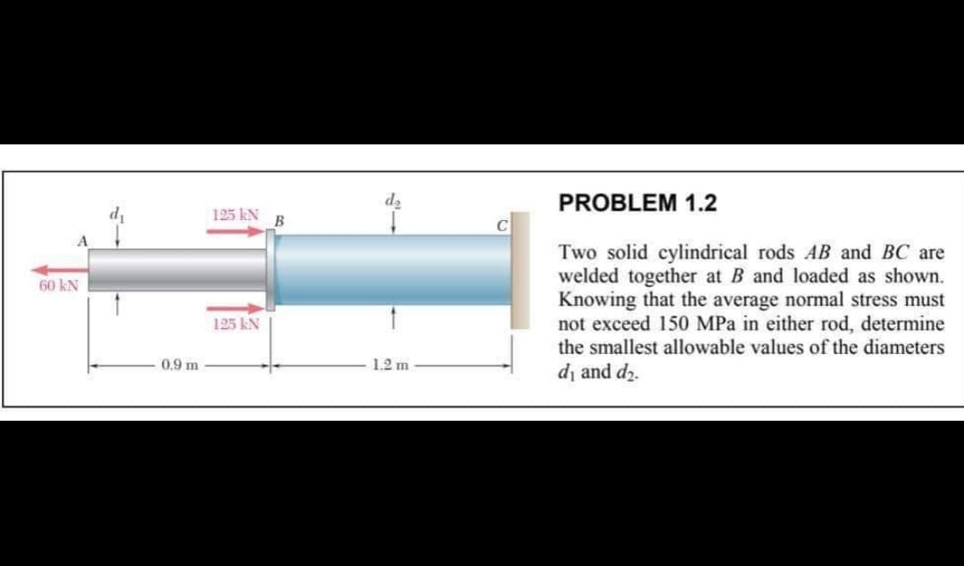 PROBLEM 1.2
125 kN
В
A
Two solid cylindrical rods AB and BC are
welded together at B and loaded as shown.
Knowing that the average normal stress must
not exceed 150 MPa in either rod, determine
the smallest allowable values of the diameters
60 kN
125 kN
0.9 m
1.2 m
d and d2.
