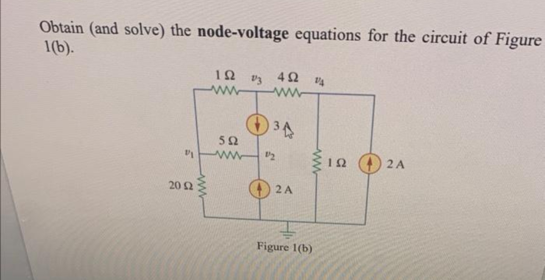 Obtain (and solve) the node-voltage equations for the circuit of Figure
1(b).
Τ
20 Ω
Μ
ΤΩ
M
5Ω
13 4Ω
Μ
31
Μ
2 Α
Figure 1(b)
VA
ΣΙΩ
2Α