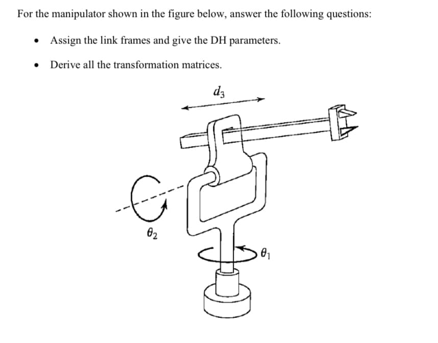 For the manipulator shown in the figure below, answer the following questions:
Assign the link frames and give the DH parameters.
Derive all the transformation matrices.
dz
02

