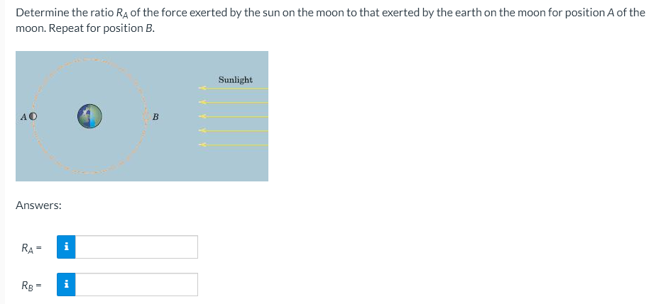 Determine the ratio RA of the force exerted by the sun on the moon to that exerted by the earth on the moon for position A of the
moon. Repeat for position B.
Sunlight
AO
B
Answers:
RA=
RB =
i
i