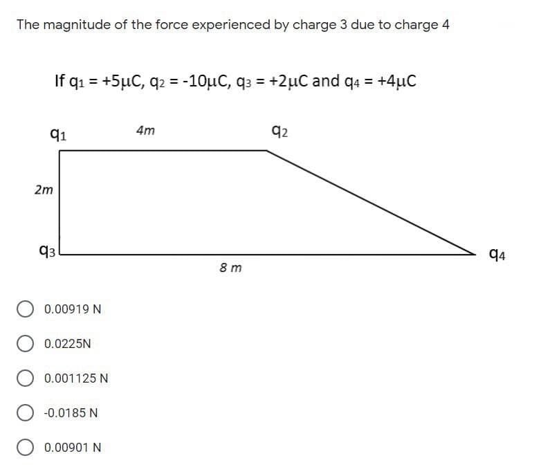 The magnitude of the force experienced by charge 3 due to charge 4
If q1 = +5µC, q2 = -10µC, q3 = +2µC and q4 = +4µC
q1
4m
q2
2m
q3
q4
8 m
0.00919 N
0.0225N
0.001125 N
-0.0185 N
0.00901 N
