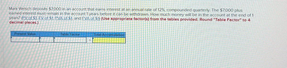 Mark Welsch deposits $7,000 in an account that earns interest at an annual rate of 12%, compounded quarterly. The $7,000 plus
earned interest must remain in the account 1 years before it can be withdrawn. How much money will be in the account at the end of 1
years? (PV of $1. EV of $1, PVA of $1, and EVA of $1) (Use appropriate factor(s) from the tables provided. Round "Table Factor" to 4
decimal places.)
Present Value
Table Factor
Total Accumulation