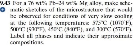 9.43 For a 76 wt% Pb-24 wt% Mg alloy, make sche-
● matic sketches of the microstructure that would
be observed for conditions of very slow cooling
at the following temperatures: 575°C (1070°F),
500°C (930°F), 450°C (840°F), and 300°C (570°F).
Label all phases and indicate their approximate
compositions.
