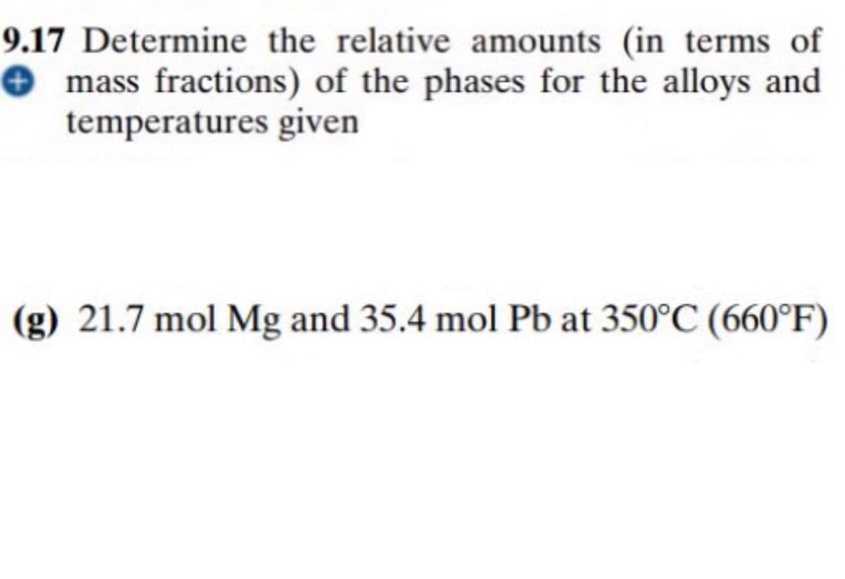 9.17 Determine the relative amounts (in terms of
mass fractions) of the phases for the alloys and
temperatures given
(g) 21.7 mol Mg and 35.4 mol Pb at 350°C (660°F)
