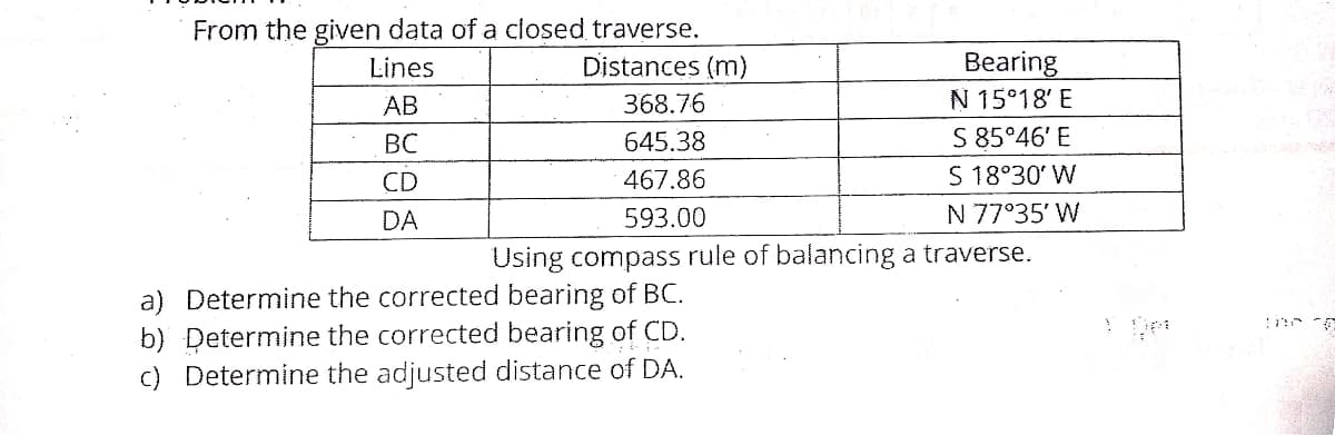 From the given data of a closed traverse.
Distances (m)
Bearing
N 15°18' E
S 85°46' E
Lines
AB
368.76
ВС
645.38
CD
467.86
S 18°30' W
DA
593.00
N 77°35' W
Using compass rule of balancing a traverse.
a) Determine the corrected bearing of BC.
b) Determine the corrected bearing of CD.
c) Determine the adjusted distance of DA.
