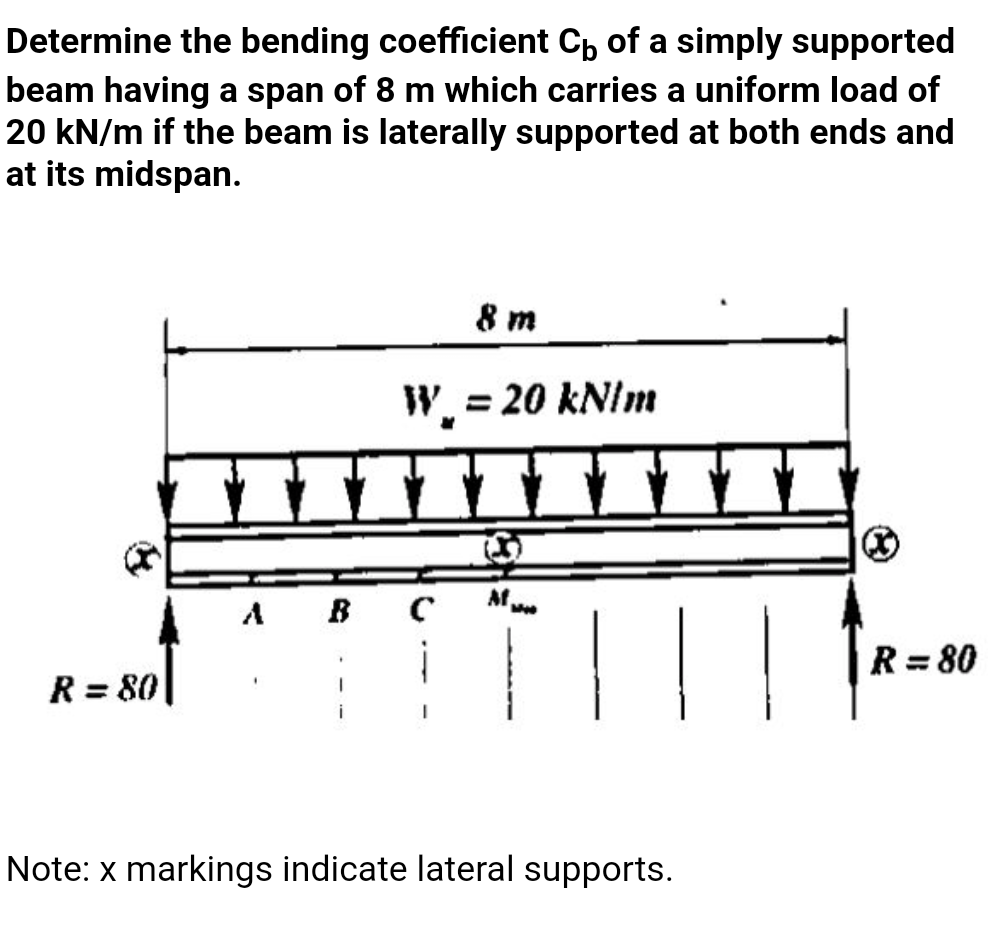 Determine the bending coefficient Cp of a simply supported
beam having a span of 8 m which carries a uniform load of
20 kN/m if the beam is laterally supported at both ends and
at its midspan.
8 m
W, = 20 kNIm
%3D
A B
Mee
||
R = 80
R = 80
i
Note: x markings indicate lateral supports.
