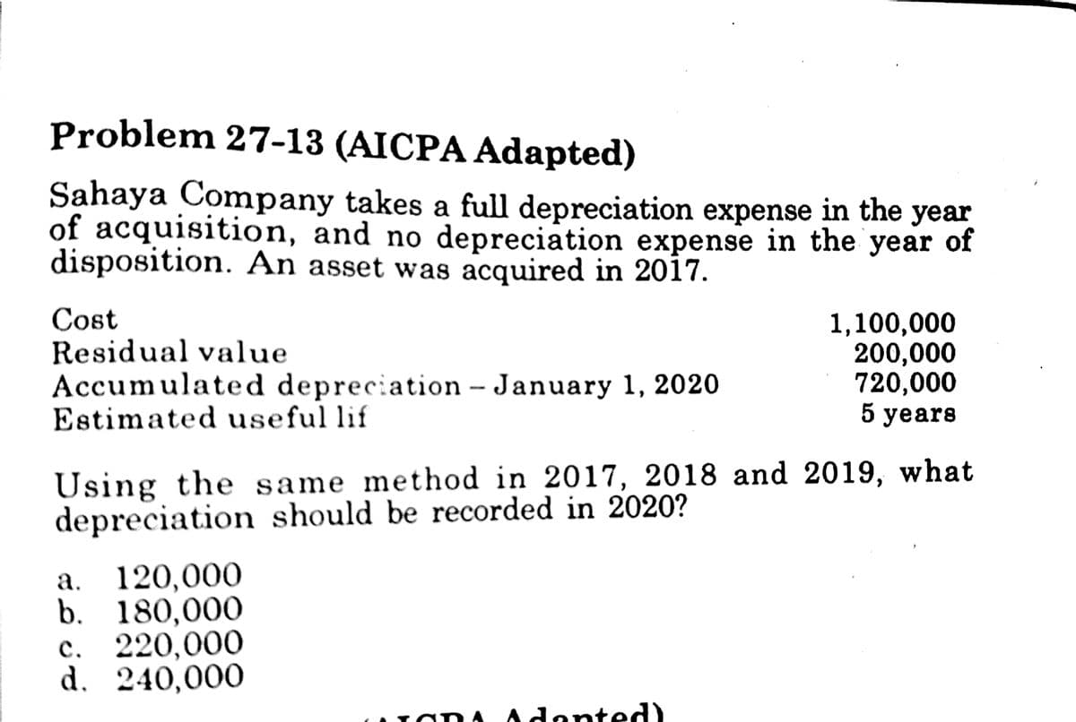 Problem 27-13 (AIСРА Adapted)
Sahaya Company takes a full depreciation expense in the year
of acquisition, and no depreciation expense in the year of
disposition. An asset was acquired in 2017.
Cost
Residual value
Accumulated depreciation – January 1, 2020
Estimated useful lif
1,100,000
200,000
720,000
5 years
Using the same method in 2017, 2018 and 2019, what
depreciation should be recorded in 2020?
a. 120,000
b. 180,000
с. 220,000
d. 240,000
LODA Adanted)
