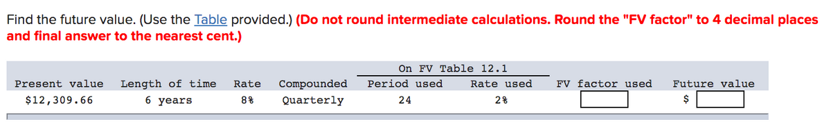 Find the future value. (Use the Table provided.) (Do not round intermediate calculations. Round the "FV factor" to 4 decimal places
and final answer to the nearest cent.)
On FV Table 12.1
Present value
Length of time
Rate
Compounded
Period used
Rate used
FV factor used
Future value
$12,309.66
6 years
8%
Quarterly
24
2%

