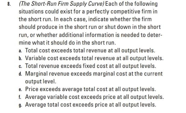 d. Marginal revenue exceeds marginal cost at the current
output level.
e. Price exceeds average total cost at all output levels.
f. Average variable cost exceeds price at all output levels.
g. Average total cost exceeds price at all output levels.
