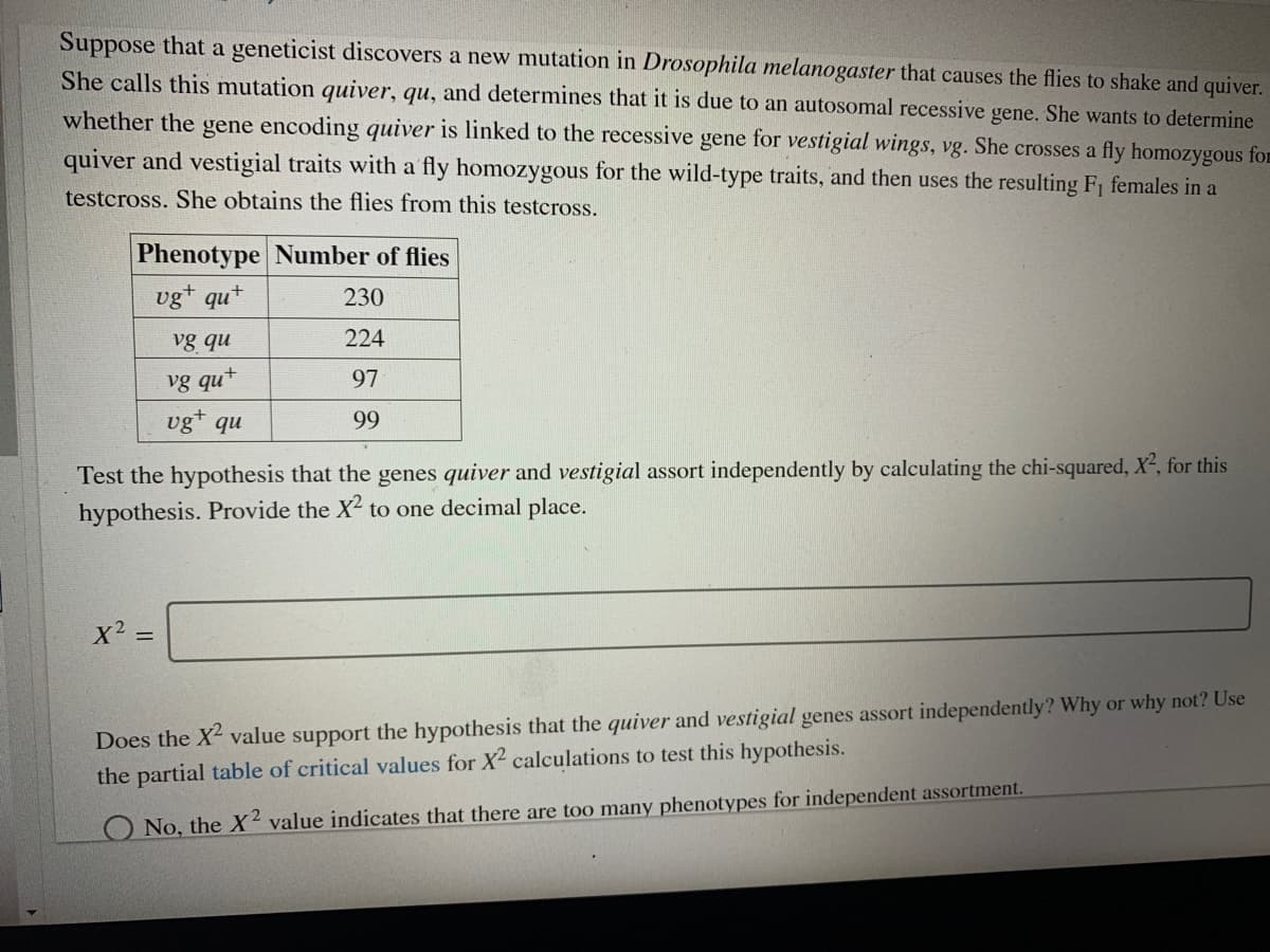 Suppose that a geneticist discovers a new mutation in Drosophila melanogaster that causes the flies to shake and quiver.
She calls this mutation quiver, qu, and determines that it is due to an autosomal recessive gene. She wants to determine
whether the gene encoding quiver is linked to the recessive gene for vestigial wings, vg. She crosses a fly homozygous for
quiver and vestigial traits with a fly homozygous for the wild-type traits, and then uses the resulting F1 females in a
testcross. She obtains the flies from this testcross.
Phenotype Number of flies
vg+ qu+
230
vg qu
224
vg qu+
97
vg* qu
99
Test the hypothesis that the genes quiver and vestigial assort independently by calculating the chi-squared, X², for this
hypothesis. Provide the X2 to one decimal place.
X2
Does the X2 value support the hypothesis that the quiver and vestigial genes assort independently? Why
the partial table of critical values for X2 calculations to test this hypothesis.
or why not? Use
O No, the X' value indicates that there are too many phenotypes for independent assortment.
