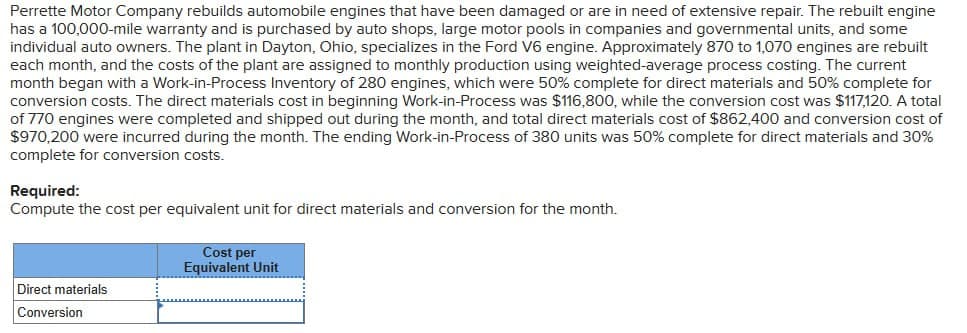 Perrette Motor Company rebuilds automobile engines that have been damaged or are in need of extensive repair. The rebuilt engine
has a 100,000-mile warranty and is purchased by auto shops, large motor pools in companies and governmental units, and some
individual auto owners. The plant in Dayton, Ohio, specializes in the Ford V6 engine. Approximately 870 to 1,070 engines are rebuilt
each month, and the costs of the plant are assigned to monthly production using weighted-average process costing. The current
month began with a Work-in-Process Inventory of 280 engines, which were 50% complete for direct materials and 50% complete for
conversion costs. The direct materials cost in beginning Work-in-Process was $116,800, while the conversion cost was $117,120. A total
of 770 engines were completed and shipped out during the month, and total direct materials cost of $862,400 and conversion cost of
$970,200 were incurred during the month. The ending Work-in-Process of 380 units was 50% complete for direct materials and 30%
complete for conversion costs.
Required:
Compute the cost per equivalent unit for direct materials and conversion for the month.
Cost per
Equivalent Unit
Direct materials
Conversion