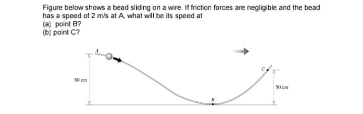 Figure below shows a bead sliding on a wire. If friction forces are negligible and the bead
has a speed of 2 m/s at A, what will be its speed at
(a) point B?
(b) point C?
80 cm
50 cm
