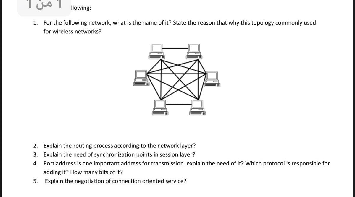llowing:
1. For the following network, what is the name of it? State the reason that why this topology commonly used
for wireless networks?
2. Explain the routing process according to the network layer?
3. Explain the need of synchronization points in session layer?
4. Port address is one important address for transmission .explain the need of it? Which protocol is responsible for
adding it? How many bits of it?
5.
Explain the negotiation of connection oriented service?
