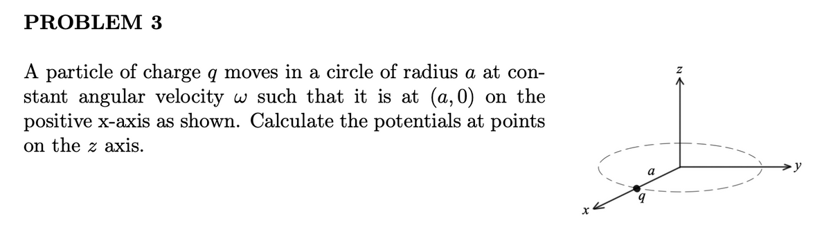PROBLEM 3
A particle of charge q moves in a circle of radius a at con-
stant angular velocity w such that it is at (a,0) on the
positive x-axis as shown. Calculate the potentials at points
on the z axis.
Z
q
x
a