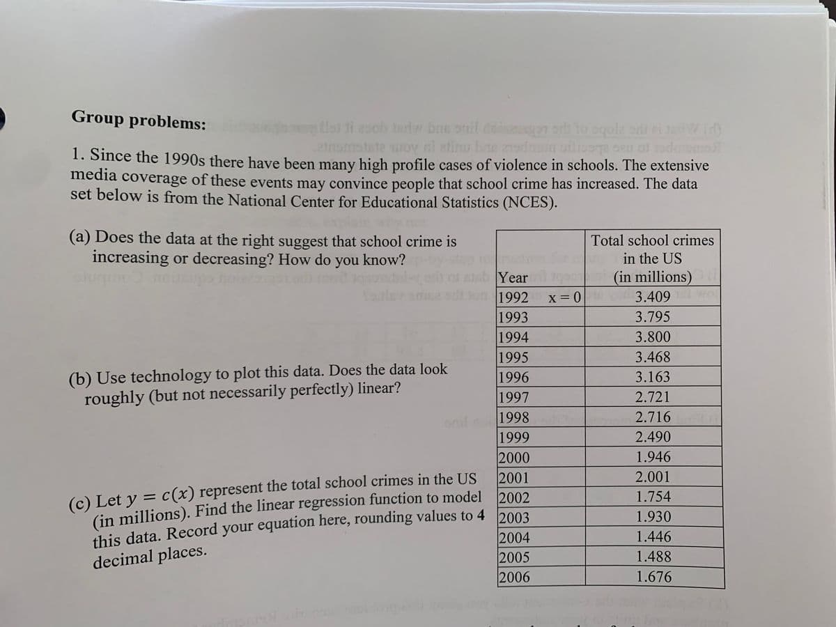 Group problems:
tlot ti eoob tedw bne snil de gonod to cgole odi ri todW d)
1. Since the 1990s there have been many high profile cases of violence in schools. The extensive
media coverage of these events may convince people that school crime has increased. The data
set below is from the National Center for Educational Statistics (NCES).
(a) Does the data at the right suggest that school crime is
increasing or decreasing? How do you know?
Total school crimes
in the US
(in millions)
Year
odt joa 1992
X = 0
3.409
1993
3.795
1994
3.800
1995
1996
3.468
(b) Use technology to plot this data. Does the data look
roughly (but not necessarily perfectly) linear?
3.163
1997
2.721
onil
1998
2.716
1999
2000
2001
2.490
1.946
2.001
(in millions). Find the linear regression function to model 2002
2004
1.754
(c) Let y = c(x) represent the total school crimes in the Us
%3D
this data. Record your equation here, rounding values to 4 2002
2005
2006
1.930
1.446
1.488
decimal places.
1.676
