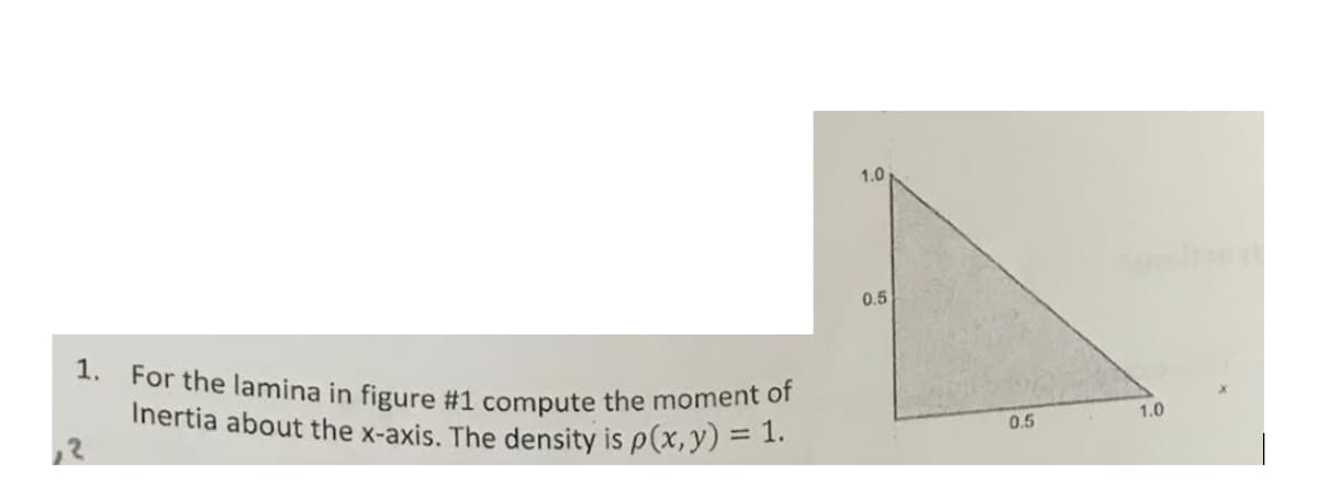 1. For the lamina in figure #1 compute the moment of
Inertia about the x-axis. The density is p(x, y) = 1.
1.0
0.5
0.5
1.0