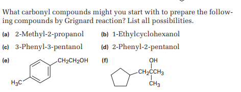 What carbonyl compounds might you start with to prepare the follow-
ing compounds by Grignard reaction? List all possibilities.
(a) 2-Methyl-2-propanol
(c) 3-Phenyl-3-pentanol
(e)
H₂C
CH₂CH₂OH
(b)
1-Ethylcyclohexanol
(d) 2-Phenyl-2-pentanol
(f)
OH
I
-CH₂CCH3
CH3