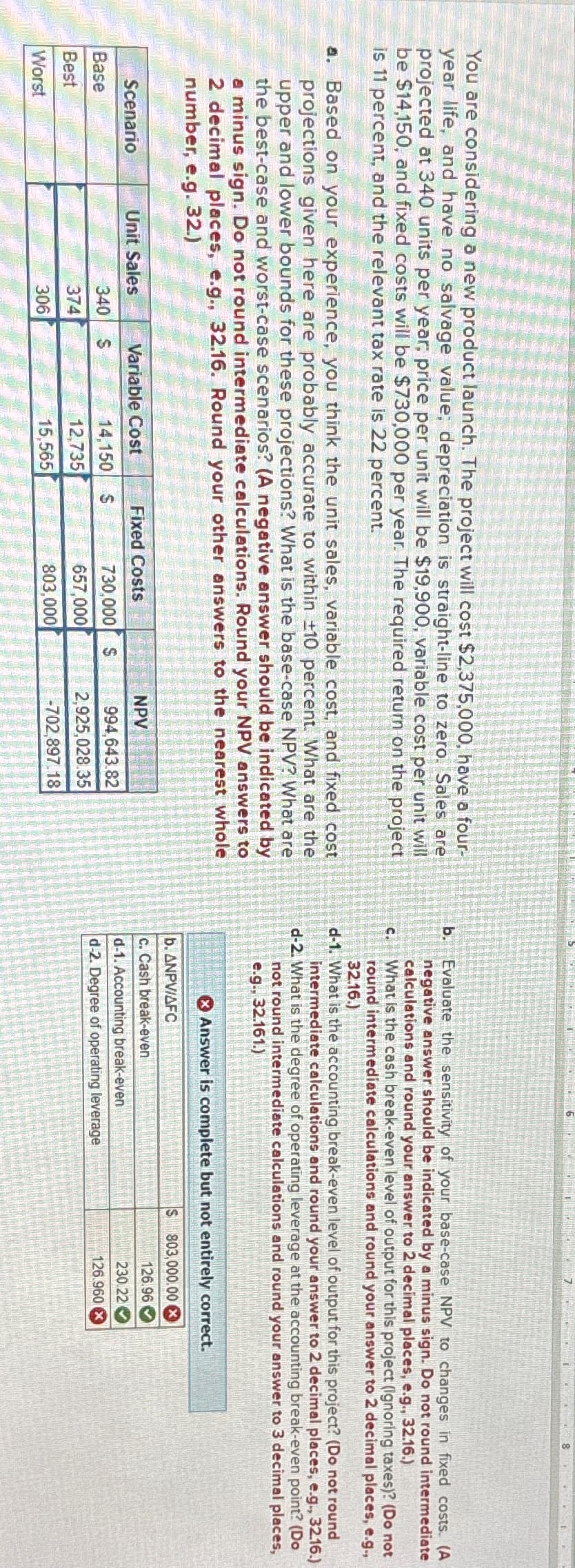 You are considering a new product launch. The project will cost $2,375,000, have a four-
year life, and have no salvage value; depreciation is straight-line to zero. Sales are
projected at 340 units per year; price per unit will be $19,900, variable cost per unit will
be $14,150, and fixed costs will be $730,000 per year. The required return on the project
is 11 percent, and the relevant tax rate is 22 percent.
a. Based on your experience, you think the unit sales, variable cost, and fixed cost
projections given here are probably accurate to within ±10 percent. What are the
upper and lower bounds for these projections? What is the base-case NPV? What are
the best-case and worst-case scenarios? (A negative answer should be indicated by
a minus sign. Do not round intermediate calculations. Round your NPV answers to
2 decimal places, e.g., 32.16. Round your other answers to the nearest whole
number, e.g. 32.)
Scenario
Unit Sales
Base
340
S
Best
Worst
374
306
Variable Cost
b.
C.
Evaluate the sensitivity of your base-case NPV to changes in fixed costs. (A
negative answer should be indicated by a minus sign. Do not round intermediate
calculations and round your answer to 2 decimal places, e.g., 32.16.)
What is the cash break-even level of output for this project (Ignoring taxes)? (Do not
round intermediate calculations and round your answer to 2 decimal places, e.g.,
32.16.)
d-1. What is the accounting break-even level of output for this project? (Do not round
intermediate calculations and round your answer to 2 decimal places, e.g., 32.16.)
d-2. What is the degree of operating leverage at the accounting break-even point? (Do
not round intermediate calculations and round your answer to 3 decimal places,
e.g., 32.161.)
b. ANPV/AFC
Answer is complete but not entirely correct.
c. Cash break-even
d-1. Accounting break-even
Fixed Costs
NPV
14,150
S
730,000 $
12,735
657,000
994,643.82
2,925,028.35
d-2. Degree of operating leverage
15,565
803,000
-702,897.18
S
803,000.00
126.96
230.22
126.960