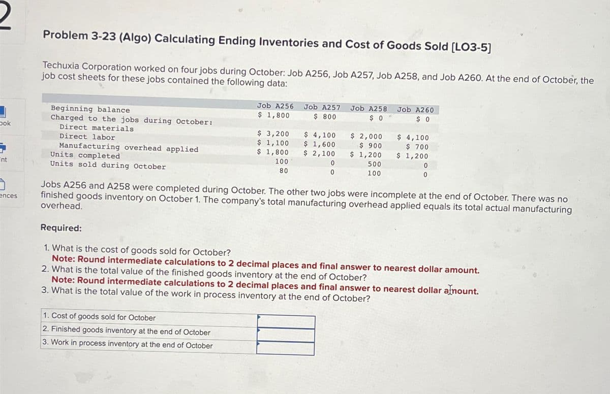 Problem 3-23 (Algo) Calculating Ending Inventories and Cost of Goods Sold [LO3-5]
Techuxia Corporation worked on four jobs during October: Job A256, Job A257, Job A258, and Job A260. At the end of October, the
job cost sheets for these jobs contained the following data:
Job A256
Beginning balance
$ 1,800
Job A257
$ 800
Job A258
$ 0
Job A260
$ 0
Charged to the jobs during October:
bok
Direct materials
$ 3,200
$ 4,100
$ 2,000
$ 4,100
Direct labor
$ 1,100
$ 1,600
Manufacturing overhead applied
$ 1,800
$ 2,100
$ 900
$ 1,200
$ 700
$ 1,200
Units completed
nt
Units sold during October
100
80
500
100
0
0
ences
0
0
Jobs A256 and A258 were completed during October. The other two jobs were incomplete at the end of October. There was no
finished goods inventory on October 1. The company's total manufacturing overhead applied equals its total actual manufacturing
overhead.
Required:
1. What is the cost of goods sold for October?
Note: Round intermediate calculations to 2 decimal places and final answer to nearest dollar amount.
2. What is the total value of the finished goods inventory at the end of October?
Note: Round intermediate calculations to 2 decimal places and final answer to nearest dollar amount.
3. What is the total value of the work in process inventory at the end of October?
1. Cost of goods sold for October
2. Finished goods inventory at the end of October
3. Work in process inventory at the end of October