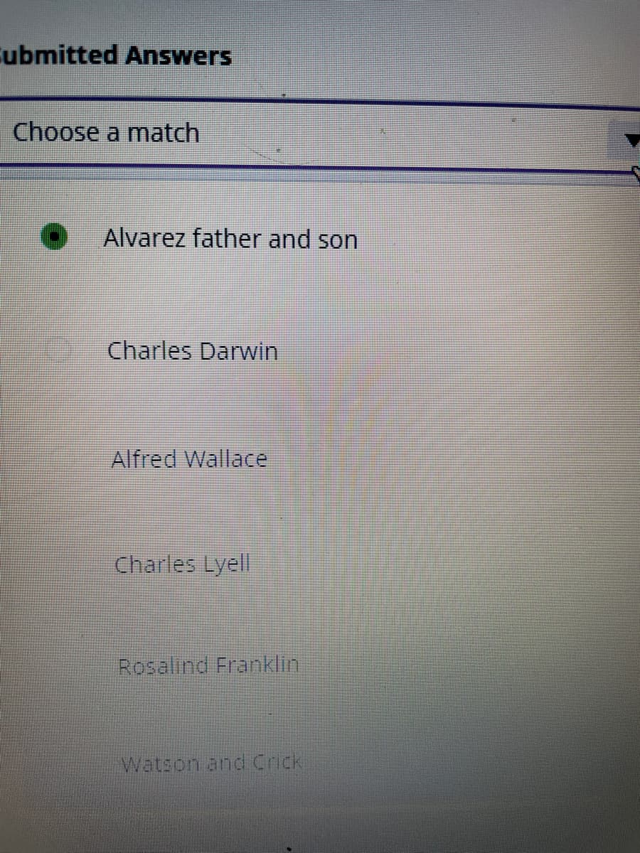 Cubmitted Answers
Choose a match
Alvarez father and son
Charles Darwin
Alfred Wallace
Charles Lyell
Rosalind Franklin
Watson and Crick