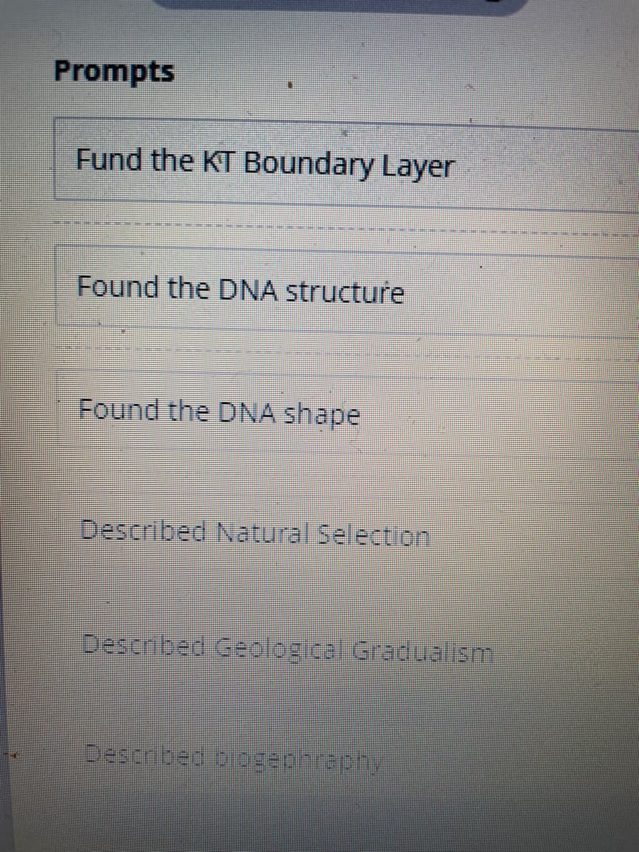 FE
Prompts
Fund the KT Boundary Layer
Found the DNA structure
Found the DNA shape
Described Natural Selection
Described Geological Gradualism
Described blogephraphy