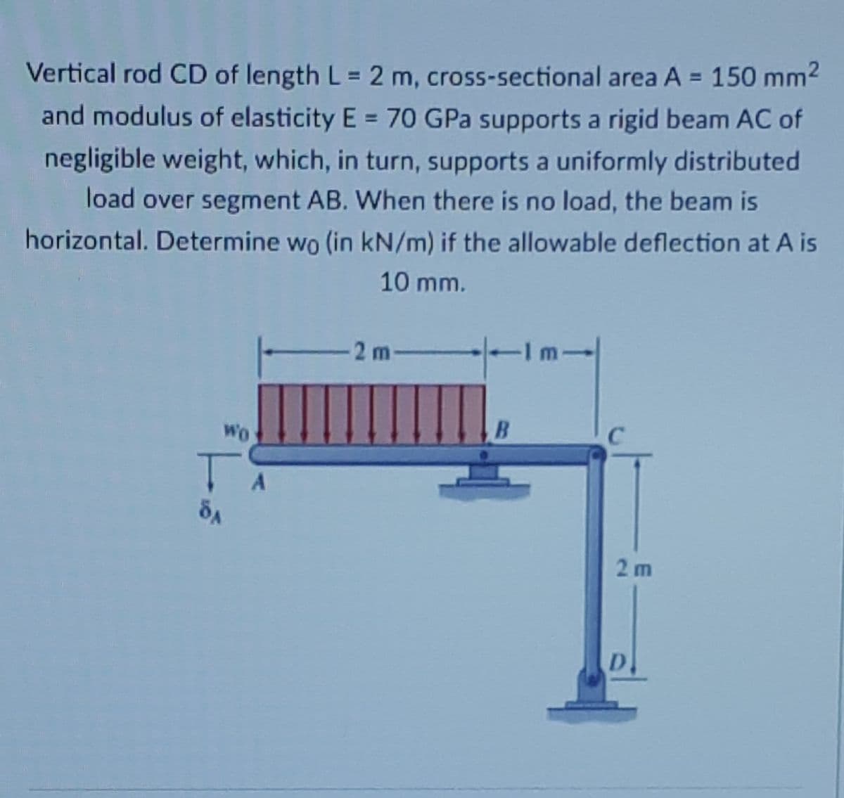 Vertical rod CD of length L = 2 m, cross-sectional area A 150 mm2
%3D
and modulus of elasticity E = 70 GPa supports a rigid beam AC of
negligible weight, which, in turn, supports a uniformly distributed
load over segment AB. When there is no load, the beam is
horizontal. Determine wo (in kN/m) if the allowable deflection at A is
10 mm.
2 m
B.
WO
TA
2 m
D.
