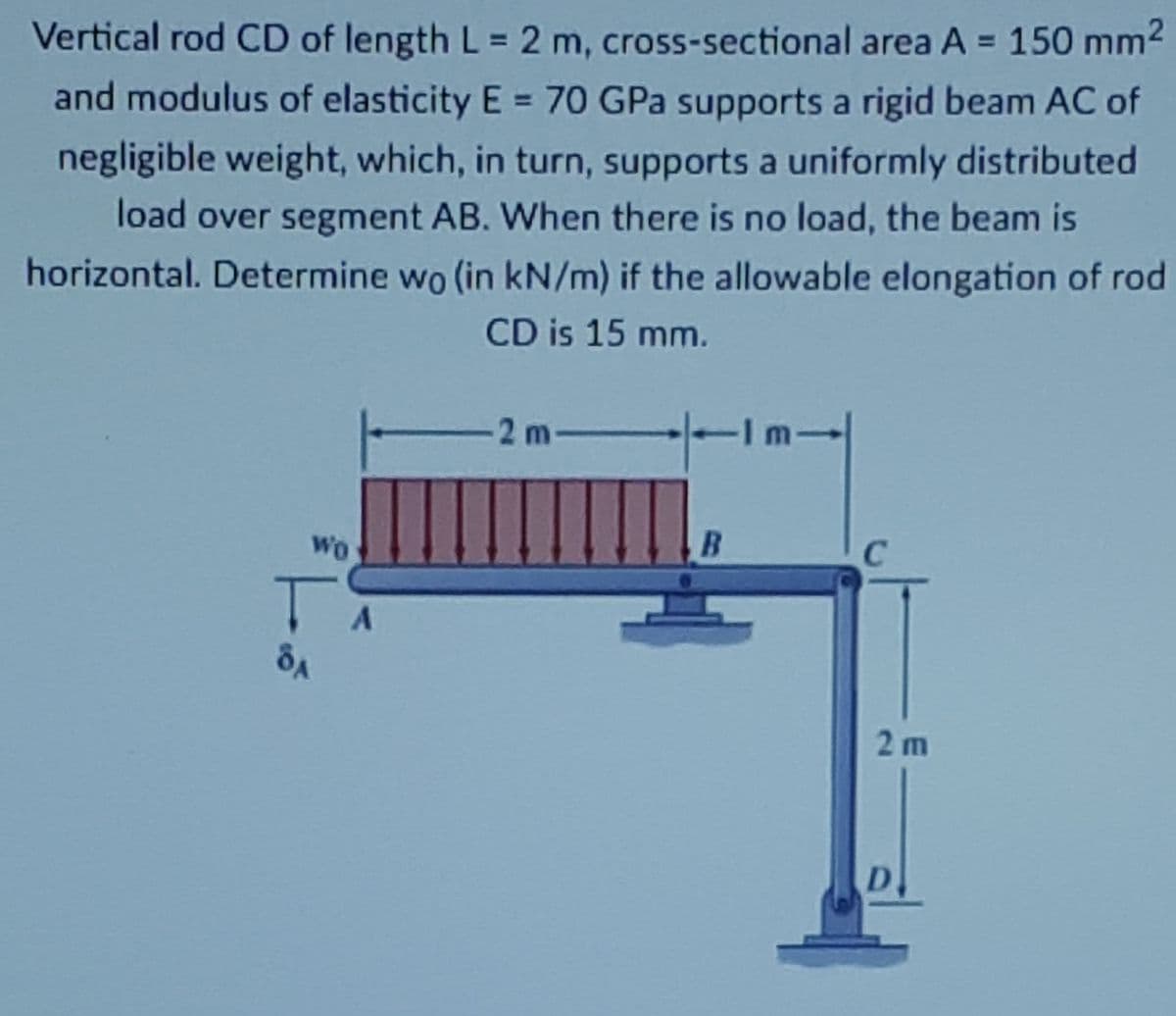 Vertical rod CD of length L = 2 m, cross-sectional area A = 150 mm2
%3D
%3D
and modulus of elasticity E = 70 GPa supports a rigid beam AC of
negligible weight, which, in turn, supports a uniformly distributed
load over segment AB. When there is no load, the beam is
horizontal. Determine wo (in kN/m) if the allowable elongation of rod
CD is 15 mm.
2 m
WO
B.
C
2 m
D.
