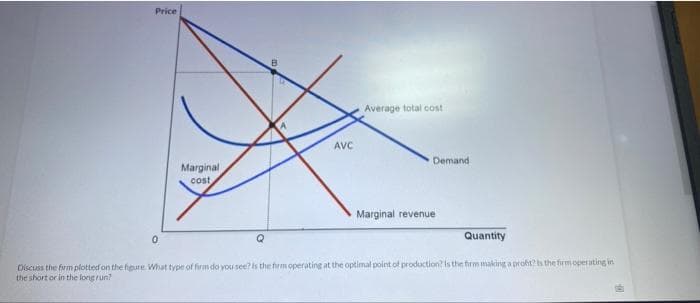 Price
Average total cost
AVC
Demand
Marginal
cost
Marginal revenue
Q
Quantity
Discuss the firm plotted on the figure. What type of firm do you see?is the firm operating at the optimal point of production? is the firm making a proht? s the firm operating in
the short or in the long run?
