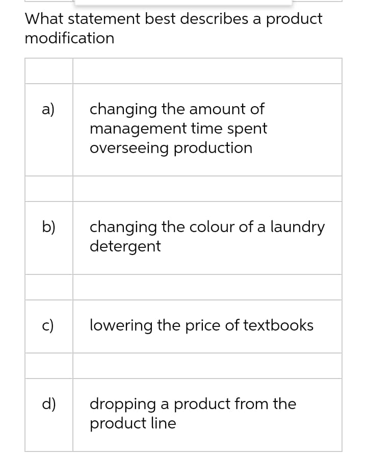 What statement best describes a product
modification
changing the amount of
management time spent
overseeing production
а)
b)
changing the colour of a laundry
detergent
c)
lowering the price of textbooks
dropping a product from the
product line
d)
