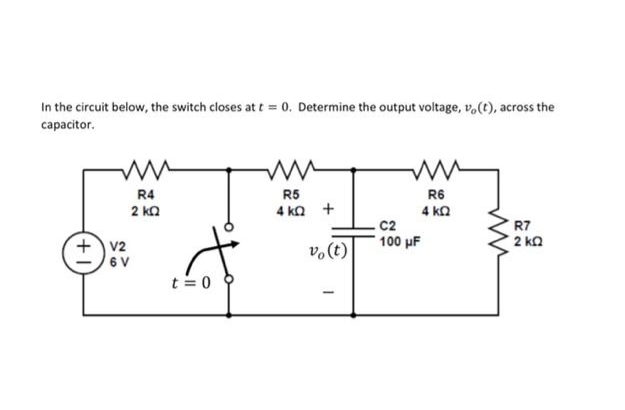 In the circuit below, the switch closes at t = 0. Determine the output voltage, vo(t), across the
capacitor.
+1
ww
R4
2 ΚΩ
V2
6V
t = 0
ww
R5
4kQ+
vo (t)
C2
100 μF
R6
4 ΚΩ
R7
2 ΚΩ