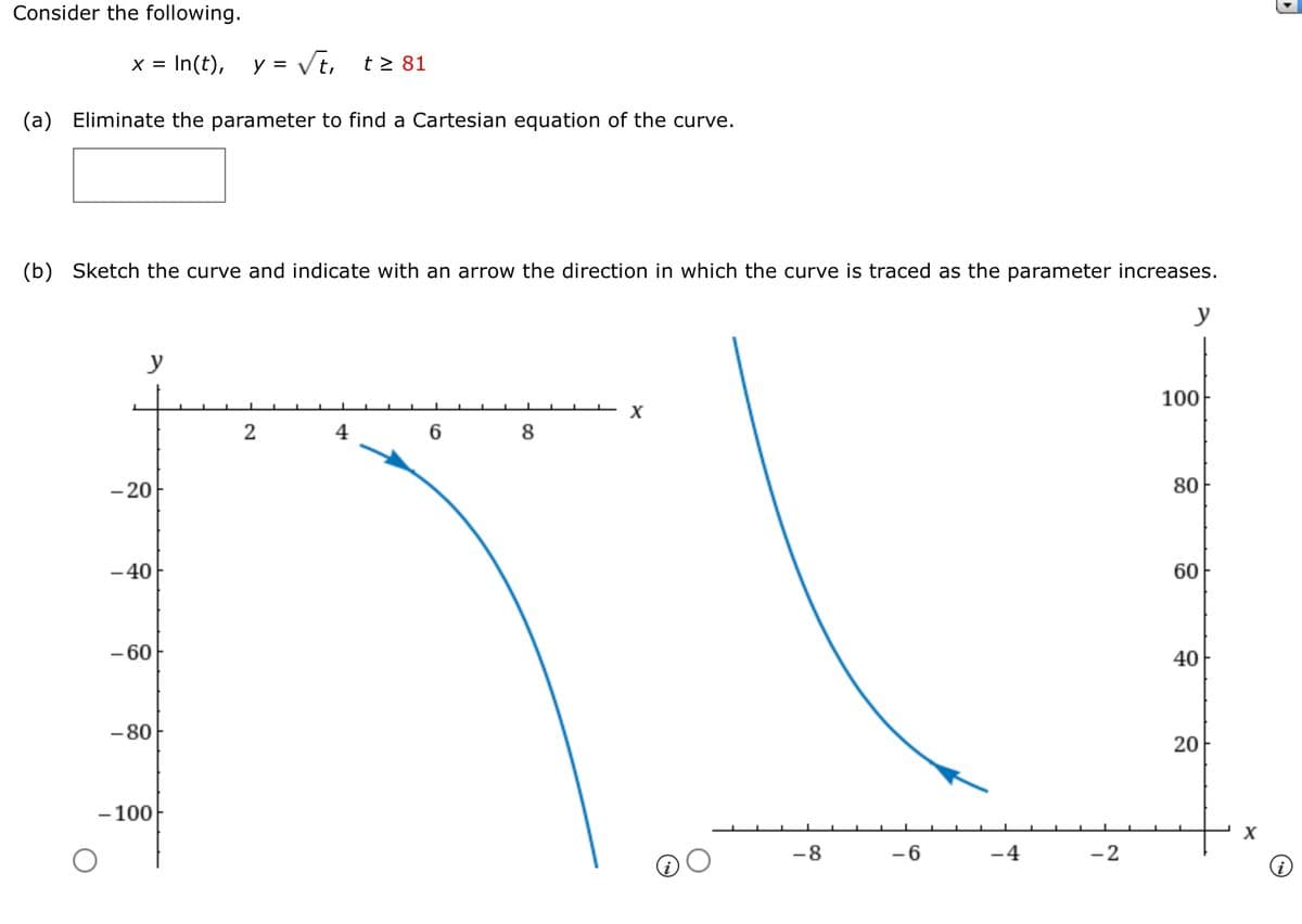 Consider the following.
In(t),
y = Vt,
X =
t > 81
(a) Eliminate the parameter to find a Cartesian equation of the curve.
(b) Sketch the curve and indicate with an arrow the direction in which the curve is traced as the parameter increases.
y
y
100
X
4
6.
8
- 20
80
-40
60
- 60
40
- 80
20
- 100
-8
-6
-4
-2
