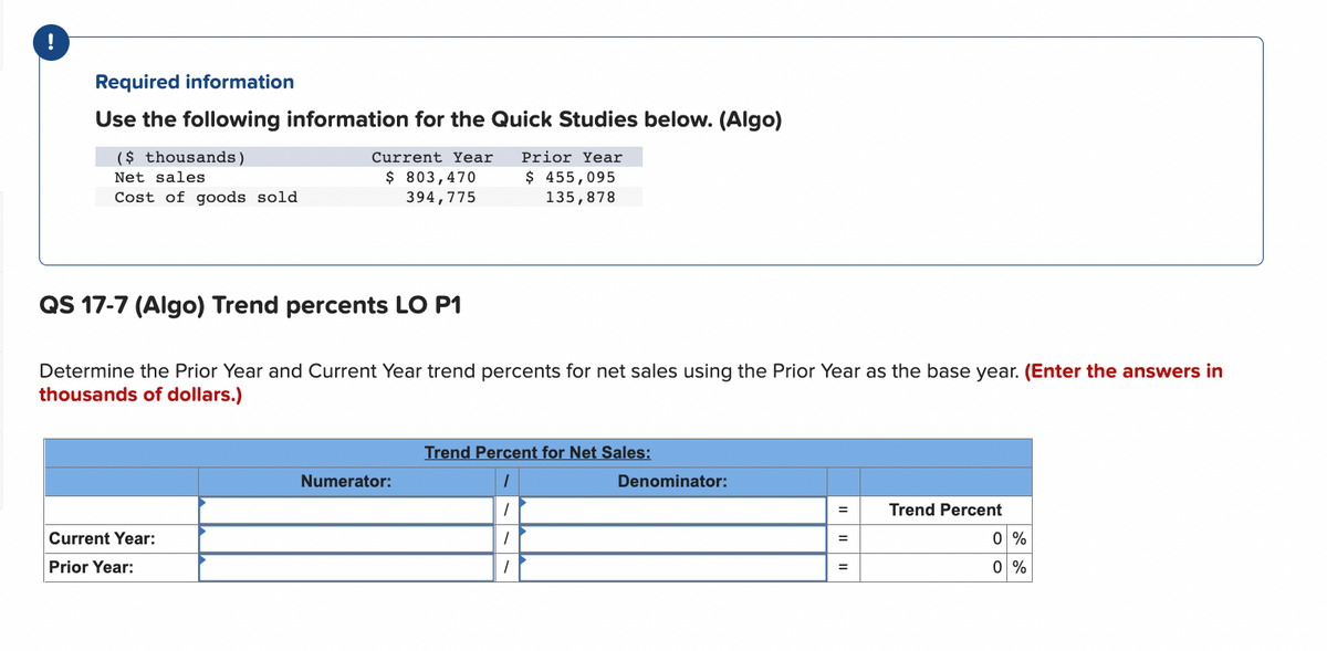 !
Required information
Use the following information for the Quick Studies below. (Algo)
($ thousands)
Net sales
Current Year
$ 803,470
394,775
Prior Year
$ 455,095
135,878
Cost of goods sold
QS 17-7 (Algo) Trend percents LO P1
Determine the Prior Year and Current Year trend percents for net sales using the Prior Year as the base year. (Enter the answers in
thousands of dollars.)
Current Year:
Prior Year:
Numerator:
Trend Percent for Net Sales:
1
1
1
1
Denominator:
=
=
=
Trend Percent
0 %
0 %