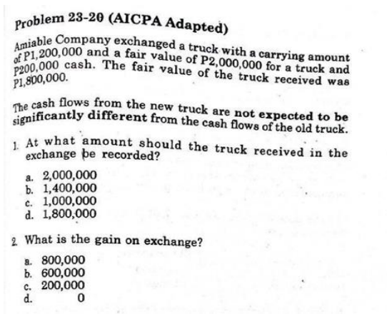 significantly different from the cash flows of the old truck.
P200,000 cash. The fair value of the truck received was
Amiable Company exchanged a truck with a carrying amount
of P1,200,000 and a fair value of P2,000,000 for a truck and
Problem 23-20 (AICPA Adapted)
a
P1,800,000.
de cash flows from the new truck are not expected to be
. At what amount should the truck received in the
exchange be recorded?
a. 2,000,000
b. 1,400,000
c. 1,000,000
d. 1,800,000
2 What is the gain on exchange?
a. 800,000
b. 600,000
c. 200,000
d.
