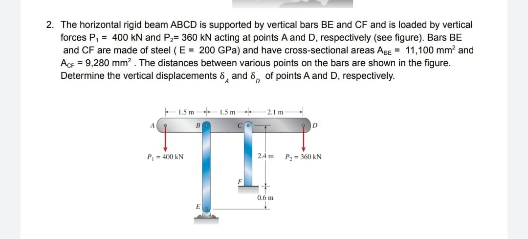 2. The horizontal rigid beam ABCD is supported by vertical bars BE and CF and is loaded by vertical
forces P, = 400 kN and P2= 360 kN acting at points A and D, respectively (see figure). Bars BE
and CF are made of steel ( E = 200 GPa) and have cross-sectional areas ABE = 11,100 mm? and
ACF = 9,280 mm? . The distances between various points on the bars are shown in the figure.
Determine the vertical displacements 8, and 8, of points A and D, respectively.
E1.5 m
- 1.5 m
2.1 m
B
P = 400 kN
2.4 m
P2 = 360 kN
0.6 m

