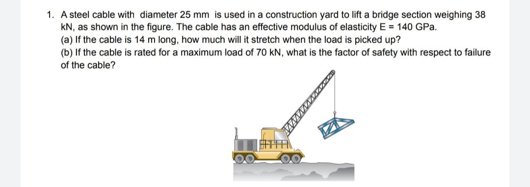 1. A steel cable with diameter 25 mm is used in a construction yard to lift a bridge section weighing 38
kN, as shown in the figure. The cable has an effective modulus of elasticity E = 140 GPa.
(a) If the cable is 14 m long, how much will it stretch when the load is picked up?
(b) If the cable is rated for a maximum load of 70 kN, what is the factor of safety with respect to failure
of the cable?
