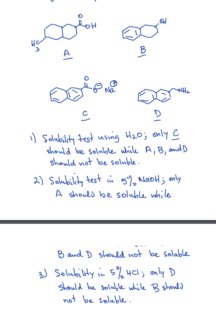 3
A
10
Na
B
اه
NH₂
드
1) Solubility test using H₂O; only C
should be soluble while A, B, and D
should not be soluble.
2) Solubility test in 5% NaOH; only
A should be soluble while
B and D should not be soluble
3) Solubility in 5% HCI; only D
Should be soluble while B should
not be soluble.