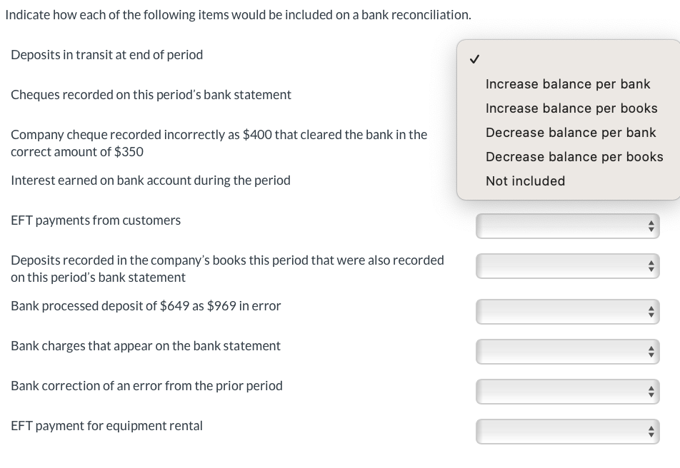 Indicate how each of the following items would be included on a bank reconciliation.
Deposits in transit at end of period
Cheques recorded on this period's bank statement
Company cheque recorded incorrectly as $400 that cleared the bank in the
correct amount of $350
Interest earned on bank account during the period
EFT payments from customers
Deposits recorded in the company's books this period that were also recorded
on this period's bank statement
Bank processed deposit of $649 as $969 in error
Bank charges that appear on the bank statement
Bank correction of an error from the prior period
EFT payment for equipment rental
Increase balance per bank
Increase balance per books
Decrease balance per bank
Decrease balance per books
Not included