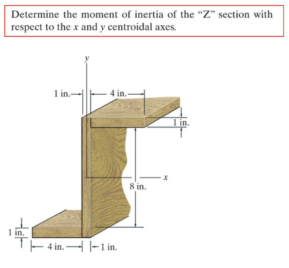 Determine the moment of inertia of the "Z" section with
respect to the x and y centroidal axes.
1 in.-
- 4 in.
1 in.
T |—–—– 4 in. — |– 1 in.
x
8 in.
1 in.