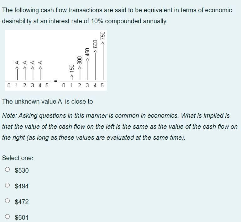 The following cash flow transactions are said to be equivalent in terms of economic
desirability at an interest rate of 10% compounded annually.
( A AA
0 1 2 3 4 5
0 1 2 3 4 5
The unknown value A is close to
Note: Asking questions in this manner is common in economics. What is implied is
that the value of the cash flow on the left is the same as the value of the cash flow on
the right (as long as these values are evaluated at the same time).
Select one:
$530
O $494
O $472
O $501
> 750
009 <-
09L <-
