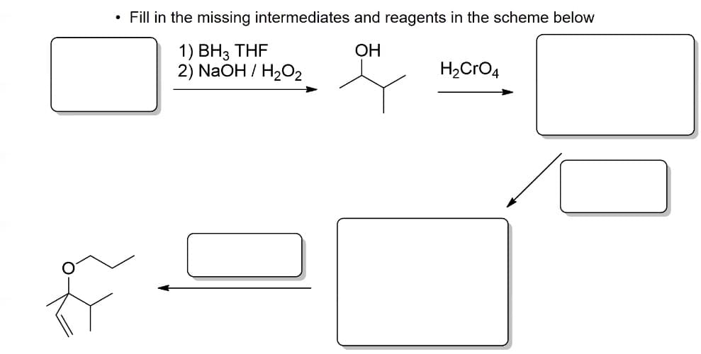 Fill in the missing intermediates and reagents in the scheme below
1) BH3 THF
2) NaOH/H2O2
OH
H2CrO4